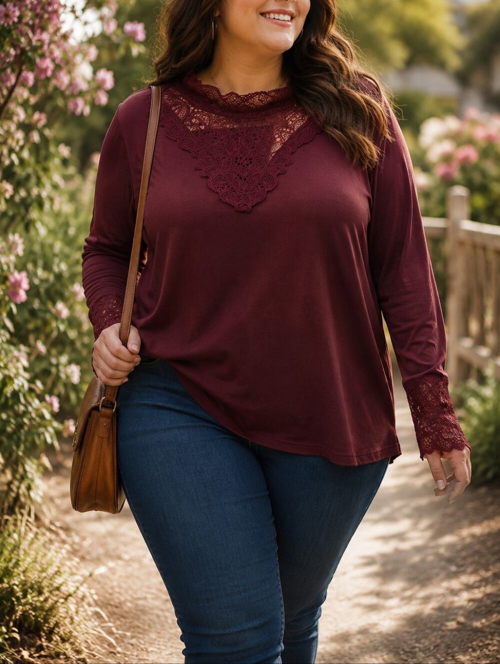 NWT Wasabi Concept Burgundy Lace Trim Long Sleeve Top Plus Size Lyocell Romantic